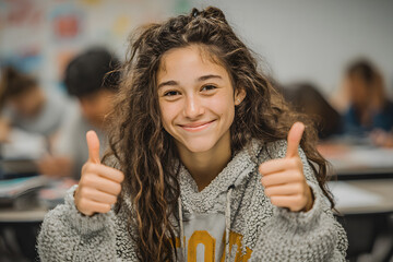 Happy student with thumbs up in a classroom