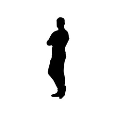 A simple, impactful silhouette of a man in a suit, arms crossed, set against a plain white background.