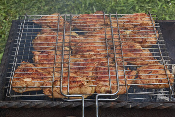 Juicy pieces of chicken are grilled in a metal grill over hot coals. The ruddy crust and smoky aroma emphasize the atmosphere of a picnic and a summer vacation in nature.