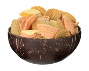 Coconut shell bowl filled with assorted vegetable chips isolated on transparent background. Eco friendly natural tableware, vegan and organic snack food and sustainable zero waste. Full focus photo