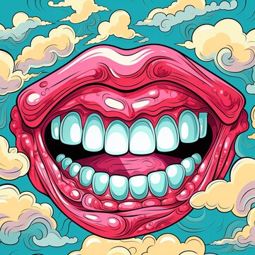 Surreal Sky Mouth A Whimsical Pop Art Illustration Full of Teeth Floating in the Clouds