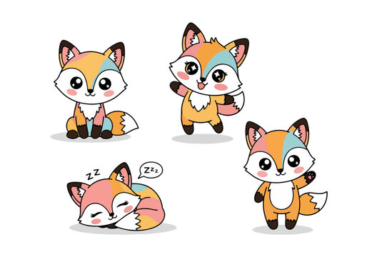 Sweet pastel foxes group with sleeping fox and smiling fox for nursery decor
