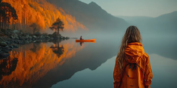 Exploring a peaceful lake at dawn with autumn foliage reflecting on the water's surface