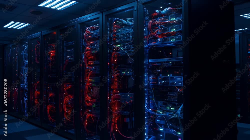 Poster server racks with colorful cables in a dark server room. suitable for tech or data center concepts i