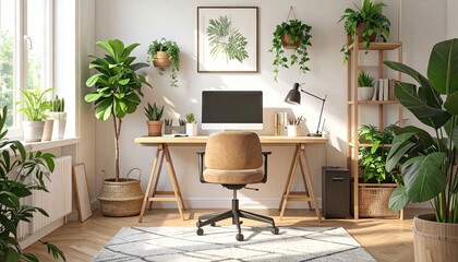 Bright Home Office with Plants and Organized Desk