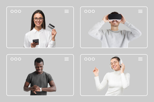 Creative collage of diverse people inside web browser frames. Digital lifestyle or social media news feed concept on gray background