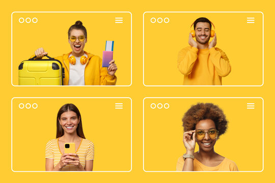 Creative collage of diverse people inside web browser frames. Digital lifestyle or social media news feed concept on yellow background