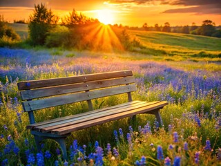Obraz premium Wooden bench in a field of purple flowers at sunset, creating a serene and tranquil scene