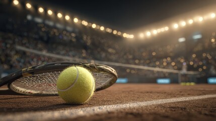 Close-up of a tennis ball on a racket, set against a blurred stadium filled with lights and spectators, evoking the thrill of sports competition