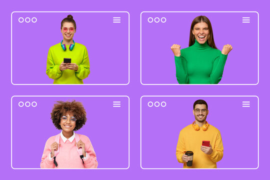 Creative collage of diverse people inside web browser frames. Digital lifestyle or social media news feed concept on purple background