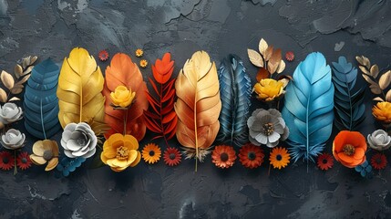 Vibrant abstract composition of colorful feathers created with generative ai techniques