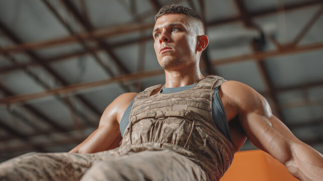 Strong soldier training, tactical vest, gym, sweat, focus, discipline