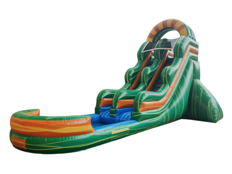 Inflatable Water Slide with Pool and Green Orange Design isolated on a transparent background