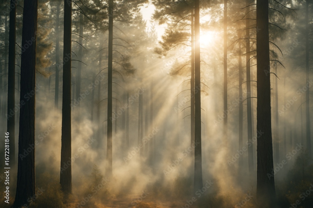 Poster sunlight filtering through misty pine forest creating dramatic atmosphere with soft light rays and d
