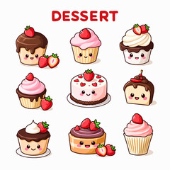 A charming dessert parade, a playful vector of cute cakes and pastries in sweet, glossy colors.