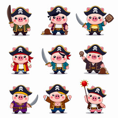 Cute Pirate Pig Characters Set in Cartoon Style for Kids, Adventurous, Fun, and Playful
