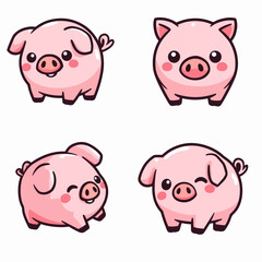 Cute Pink Pig Cartoon Set: Four Cheeky Piglets Friends and Family Illustration for Kids on Farm Vector
