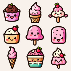 Cute Kawaii Dessert Icons Set Featuring Cupcake, Icecream, Popsicle, and Cake Cartoon Characters