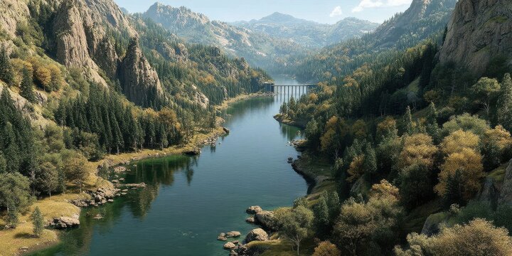 Majestic landscape view of a serene river winding through rocky mountains and lush forests during daylight hours