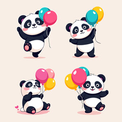 Set of cute chibi kawaii panda, Adorable panda holding heart with balloon