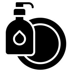 Soap Bottle Glyph Black Silhouette Icon Design Vector - Soap dispenser with a dish representing hygiene, washing, and disinfection