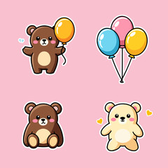 Set bear with Colorful Tail & Helium Balloons for Cute & Kawaii Illustration