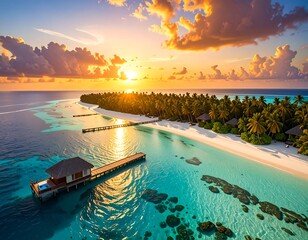 Obraz premium A breathtaking sunset view of a tropical island paradise with a pristine beach, turquoise waters, and luxurious overwater bungalows.