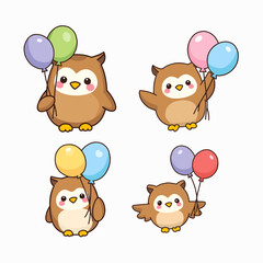 Set owl with Colorful Tail & Helium Balloons for Cute & Kawaii Illustration
