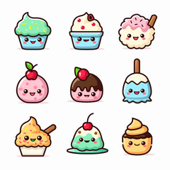 Seamless cartoon vector set of sweet food dessert icons including ice cream, cake, cupcake, cherry, strawberry, and chocolate