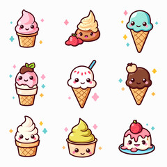 Seamless cartoon vector set of sweet food dessert icons including ice cream, cake, cupcake, cherry, strawberry, and chocolate