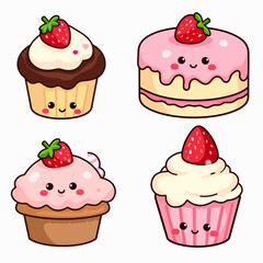 Cute Kawaii Dessert Icons Set Featuring Cupcake, Icecream, Popsicle, and Cake Cartoon Characters