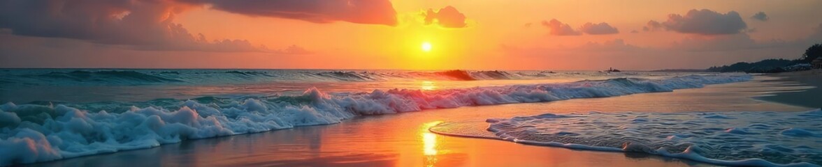 Obraz premium A serene beach scene at sunset, with calm waves lapping the shore, conveying a sense of tranquility and freedom from stress Perfect for relaxation, wellness, and escape themes , blue, nature