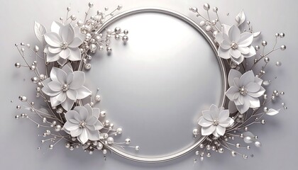 Elegant white flowers and pearls adorn a silver circular frame, creating a sophisticated and refined design.