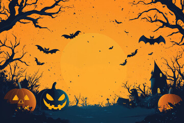 Nocturnal bats flying over moonlit cemetery, silhouetted against glowing orange sky, surrounded by carved pumpkins, weathered crosses, twisted dead trees evoking eerie Halloween atmosphere