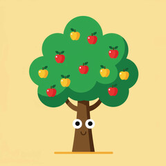 Fototapeta premium Friendly cartoon apple tree character with big eyes and colorful red and yellow fruit.