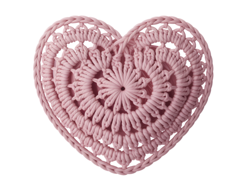 Light pink crocheted heart with openwork design handmade isolated on a transparent background