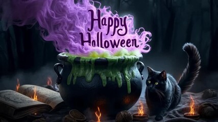A cauldron with purple smoke and a black cat near burning books wishing happy halloween to all halloween background video