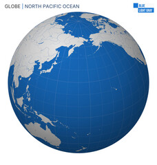 Vector Globe centered to North Pacific Ocean. Blue Light Gray palette. World map with meridians, parallels, countries, rivers and lakes. Charming vector illustration. © Eugene Ga