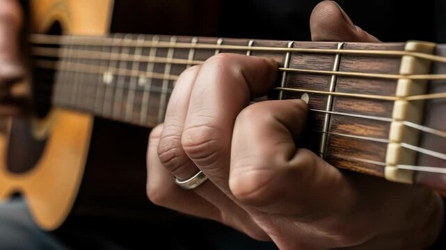 Closeup of hands strumming acoustic guitar strings in melodic rhythm sequence