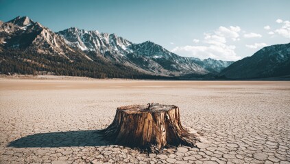 A lone tree stump stands amidst a cracked, dry landscape beneath a backdrop of snow-capped mountains.