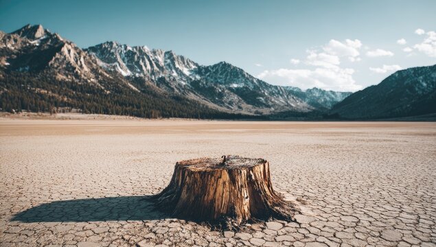 A lone tree stump stands amidst a cracked, dry landscape beneath a backdrop of snow-capped mountains. - Powered by Adobe