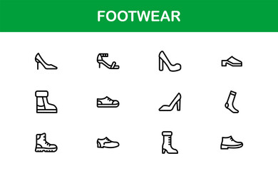 Footwear Vector Icons – Flat Linear Outline Collection of Sneakers, Sandals, Shoes, Boots, Heels, Slippers, Minimal Pack for Infographics, Apps, and Websites
