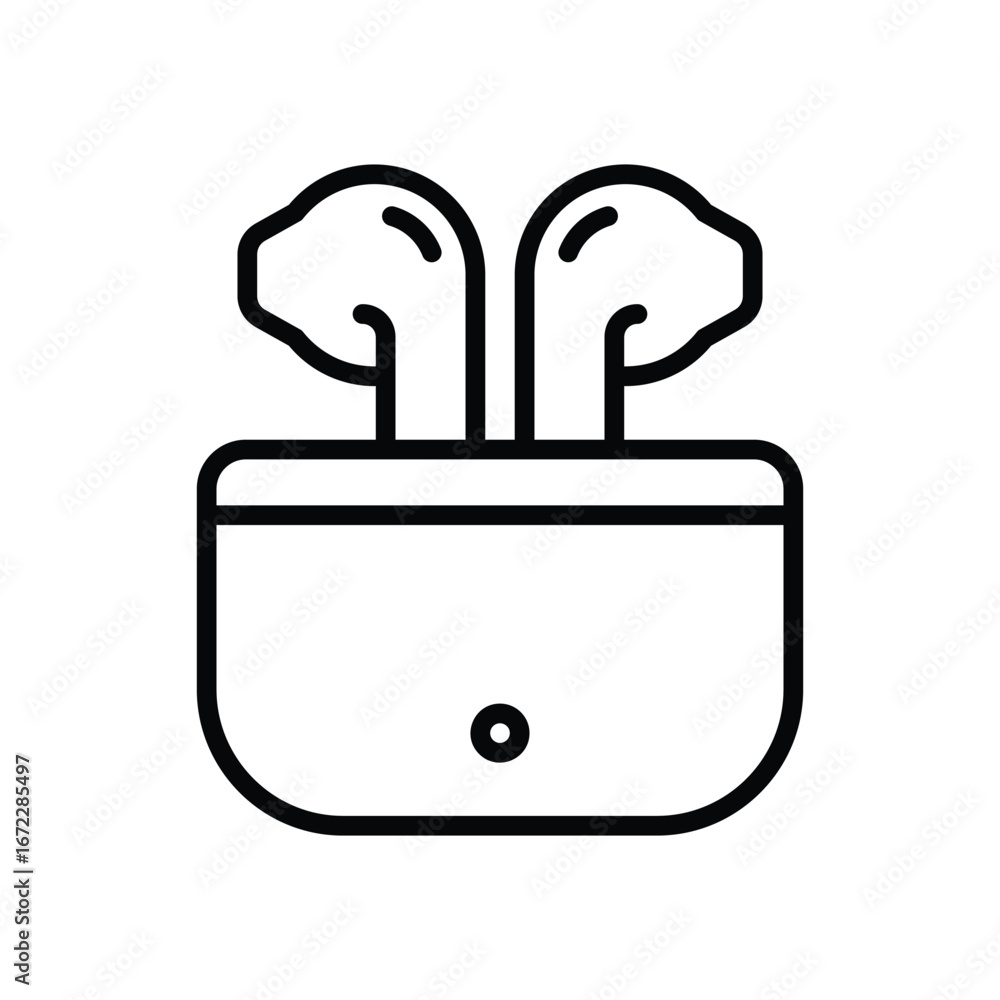 Poster outline of wireless earbuds in charging case featuring rounded edges and clear simple design. editab