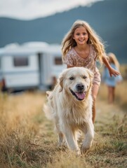happy smiling girl running next to golden retriever dog towards the camera against a blurred background of a travel van and her sister and mother during their summer weekend