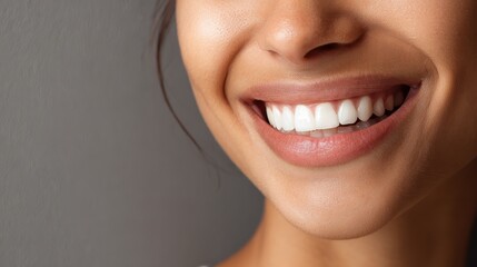 Obraz premium close up face of young woman with beautiful smile isolated on grey wall with copy space successful multiethnic girl latin woman looking at camera against gray wall with a big whitening teeth smile no