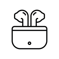 Outline of wireless earbuds in charging case featuring rounded edges and clear simple design. Editable stroke. Vector illustration