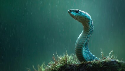 Fototapeta premium Striking turquoise snake in a rainforest setting during rainfall.