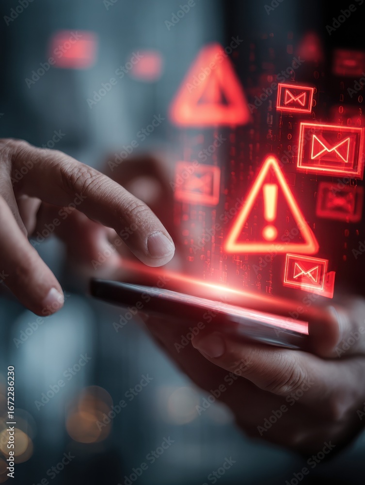 Poster hand touching smartphone with email alert notifications and red warning signs representing communica