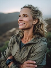 mature woman enjoying a morning jog in nature using smart fitness tracker to support emotional and physical health during perimenopause