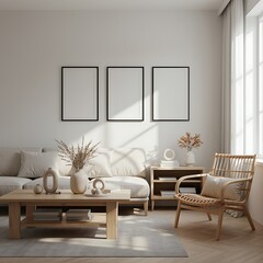 Elegant Scandinavian Living Room Interior Design with Blank Picture Frames and Minimalist Decor for Home Inspiration and Modern Living Spaces